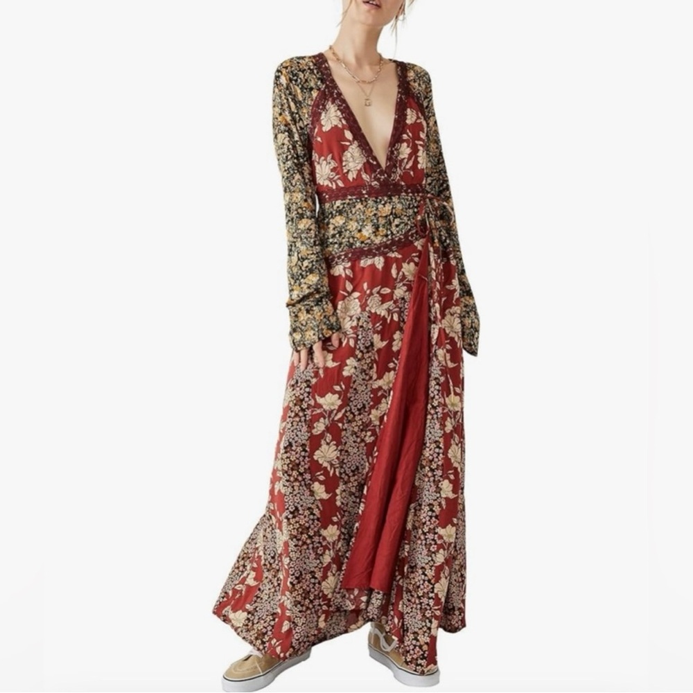 Free People Tilda Rusty Red and cream maxi wrap dress with lace trim.Deep-v. L - Picture 3 of 12